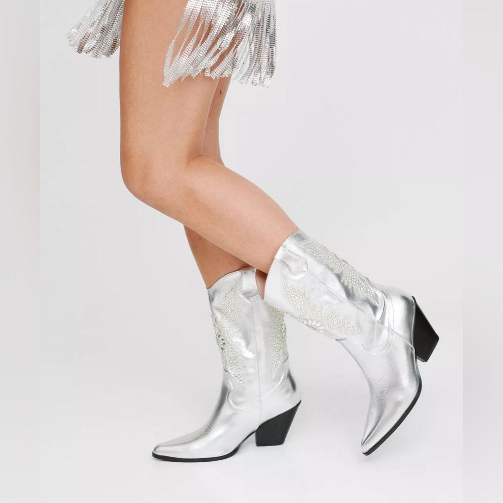 Metallic Embellished Knee High Western Boots
